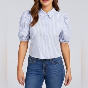 Blue&White Striped Croped Button Up Puff Sleeve 100% Cotton Blouse SZ XL